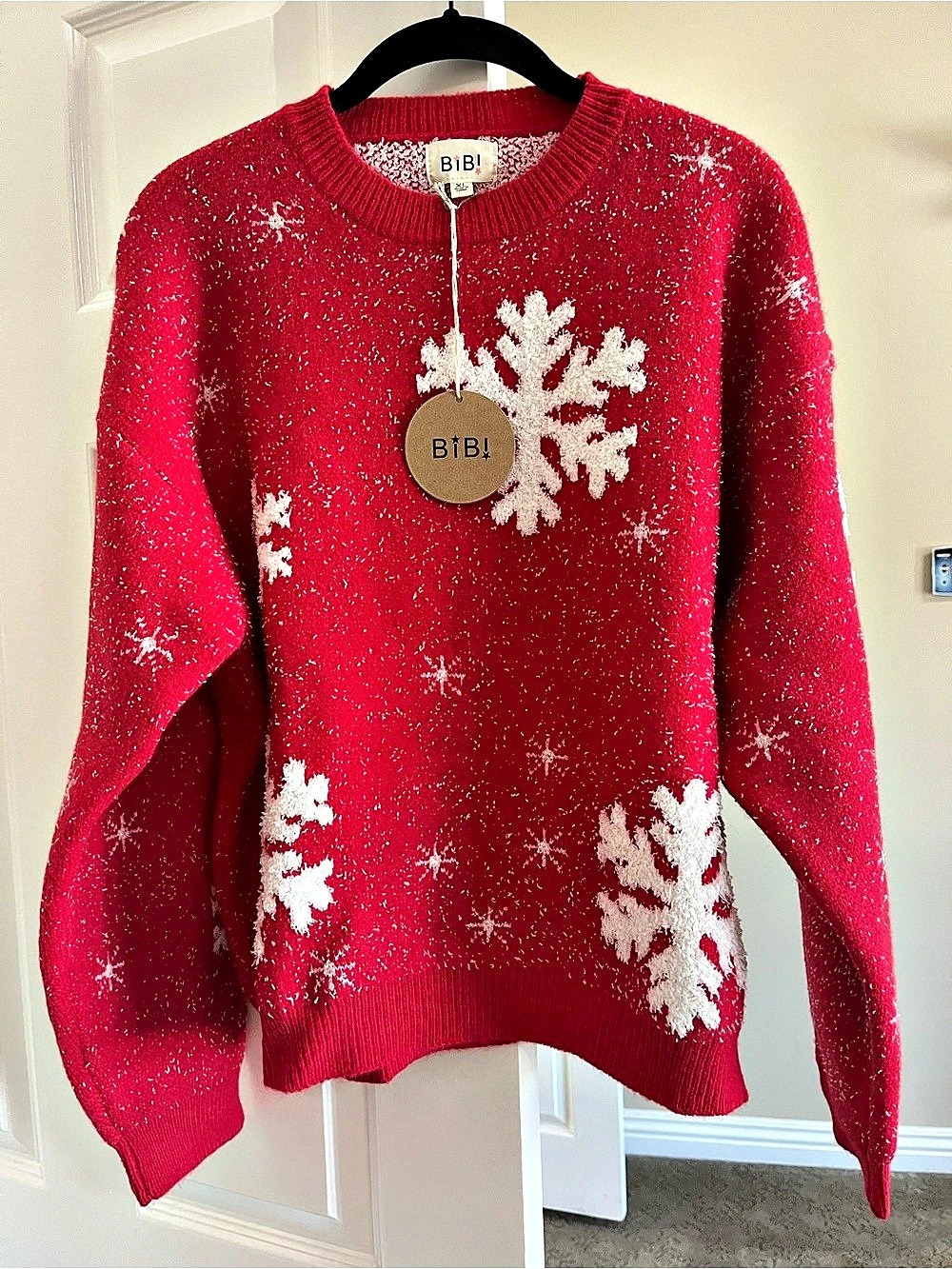 BiBi Snowflake Christmas Winter Sweater Red & White XL